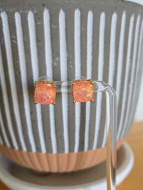 Gold Prong Orange Opal Cushion Stud Earrings